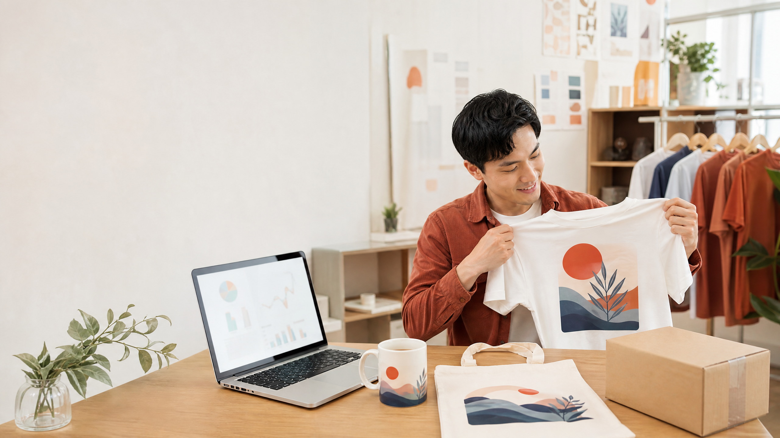 Minh họa Print on Demand Việt Nam 2026 với creator kiểm tra áo thun và sản phẩm in theo yêu cầu