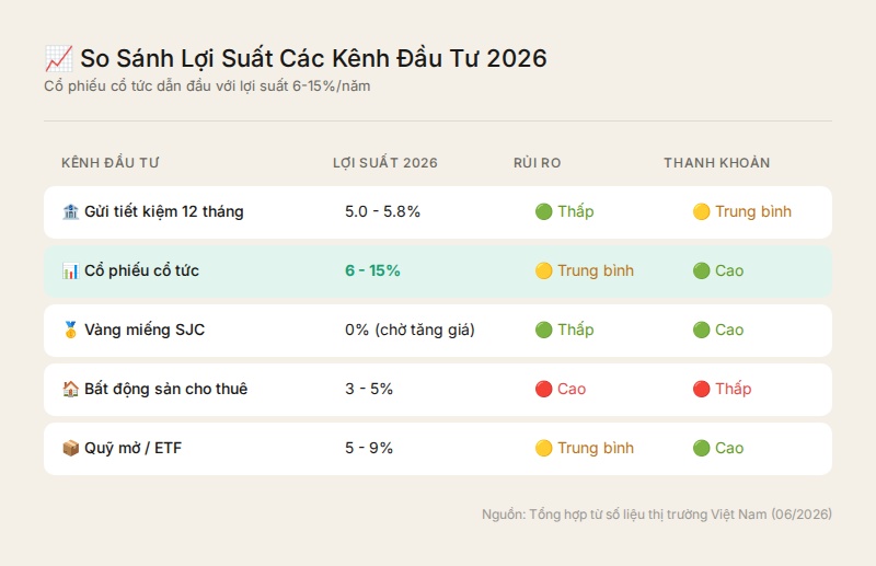 So sánh lợi suất các kênh đầu tư 2026 - cổ phiếu cổ tức dẫn đầu