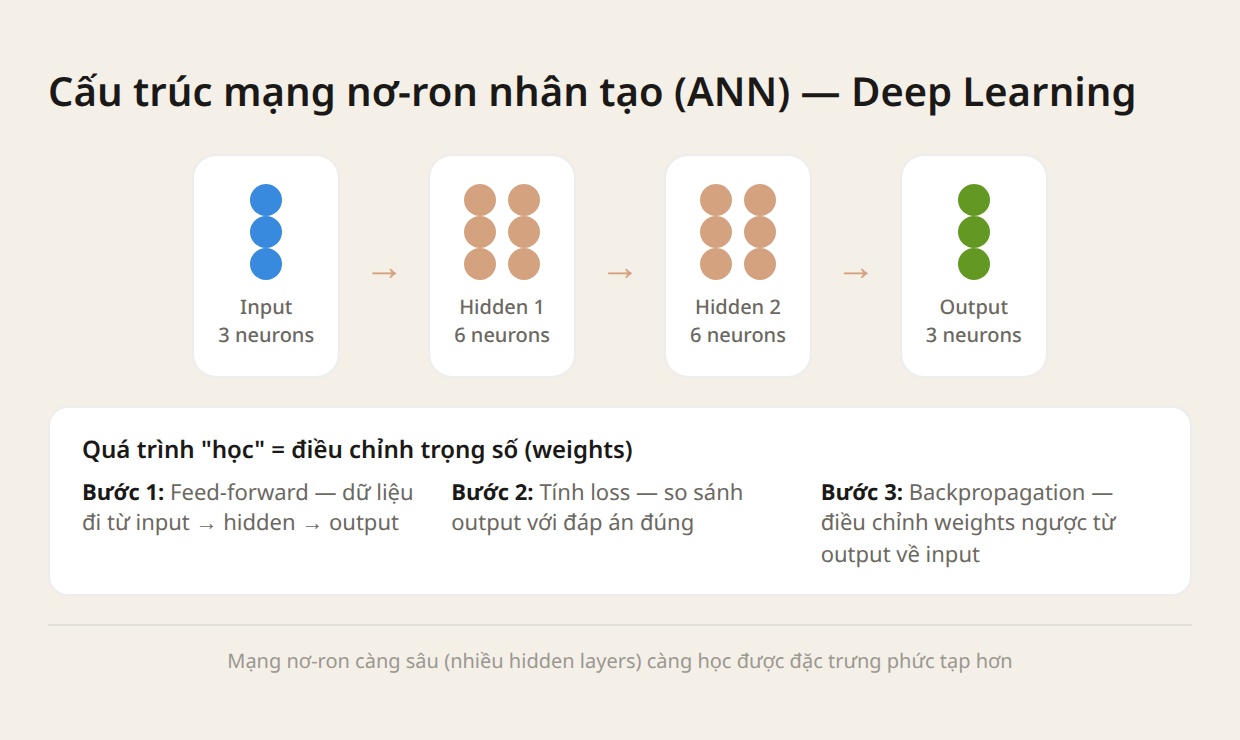 Sơ đồ Deep Learning cơ bản với lớp đầu vào, các lớp ẩn và lớp đầu ra