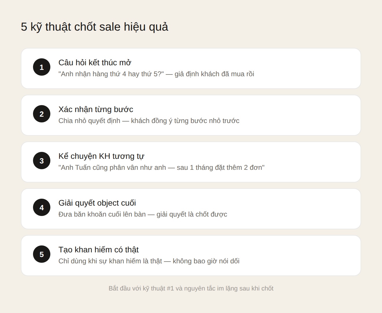 5 kỹ thuật chốt sale từ dễ đến khó — bắt đầu với câu hỏi kết thúc mở