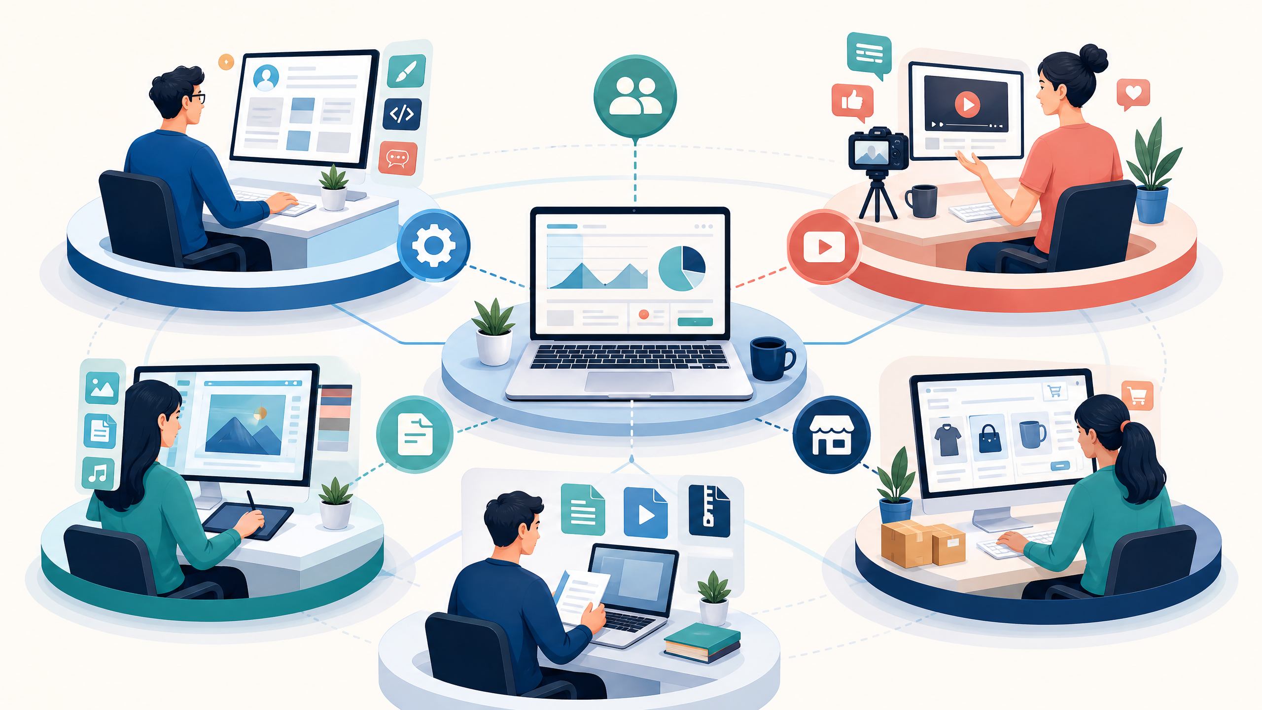 Năm mô hình MMO 2026 gồm dịch vụ số, affiliate, creator, sản phẩm số và thương mại điện tử