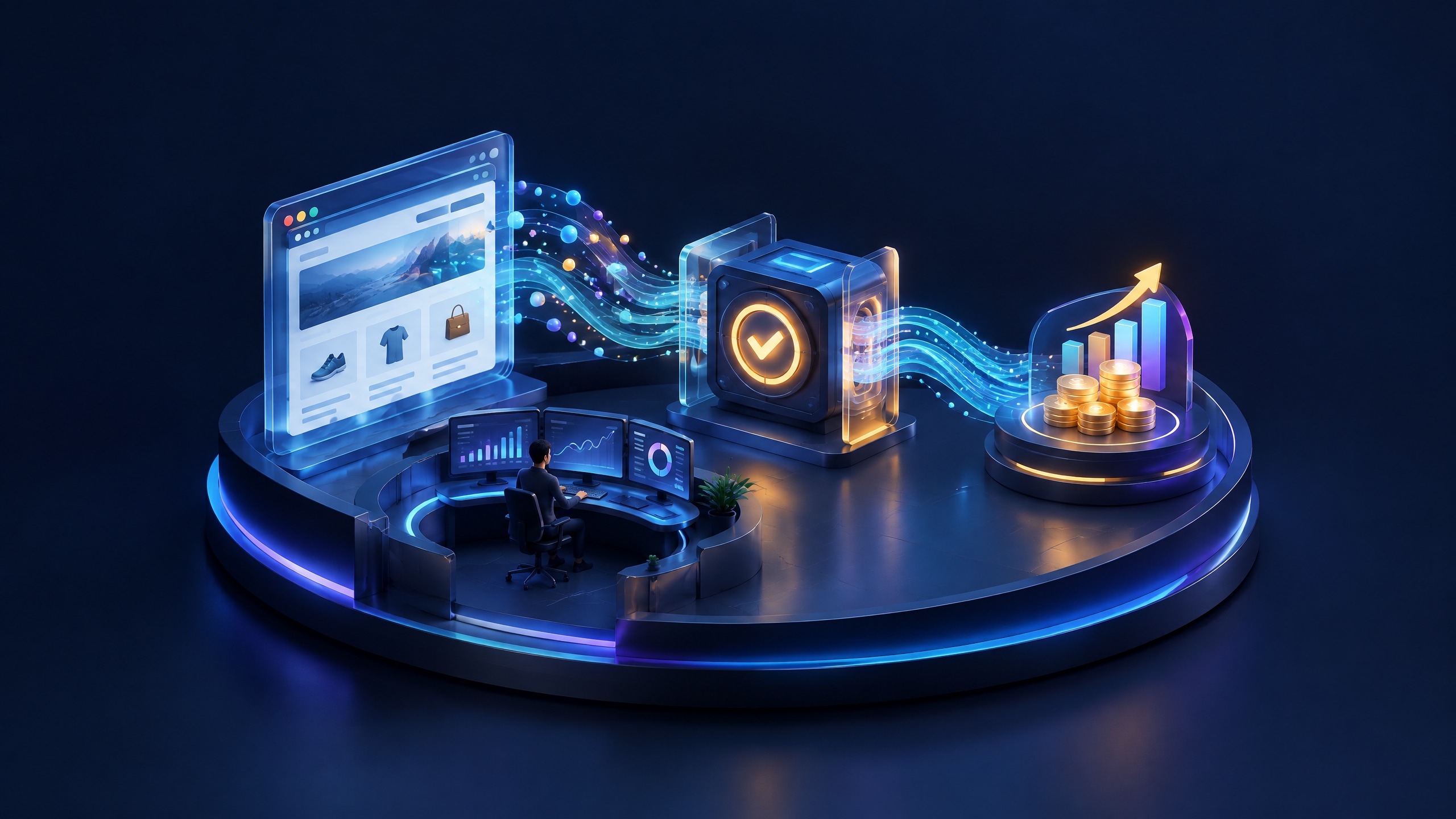 Mô hình 3D minh họa luồng dữ liệu GA4 từ website qua event và key event đến kết quả kinh doanh