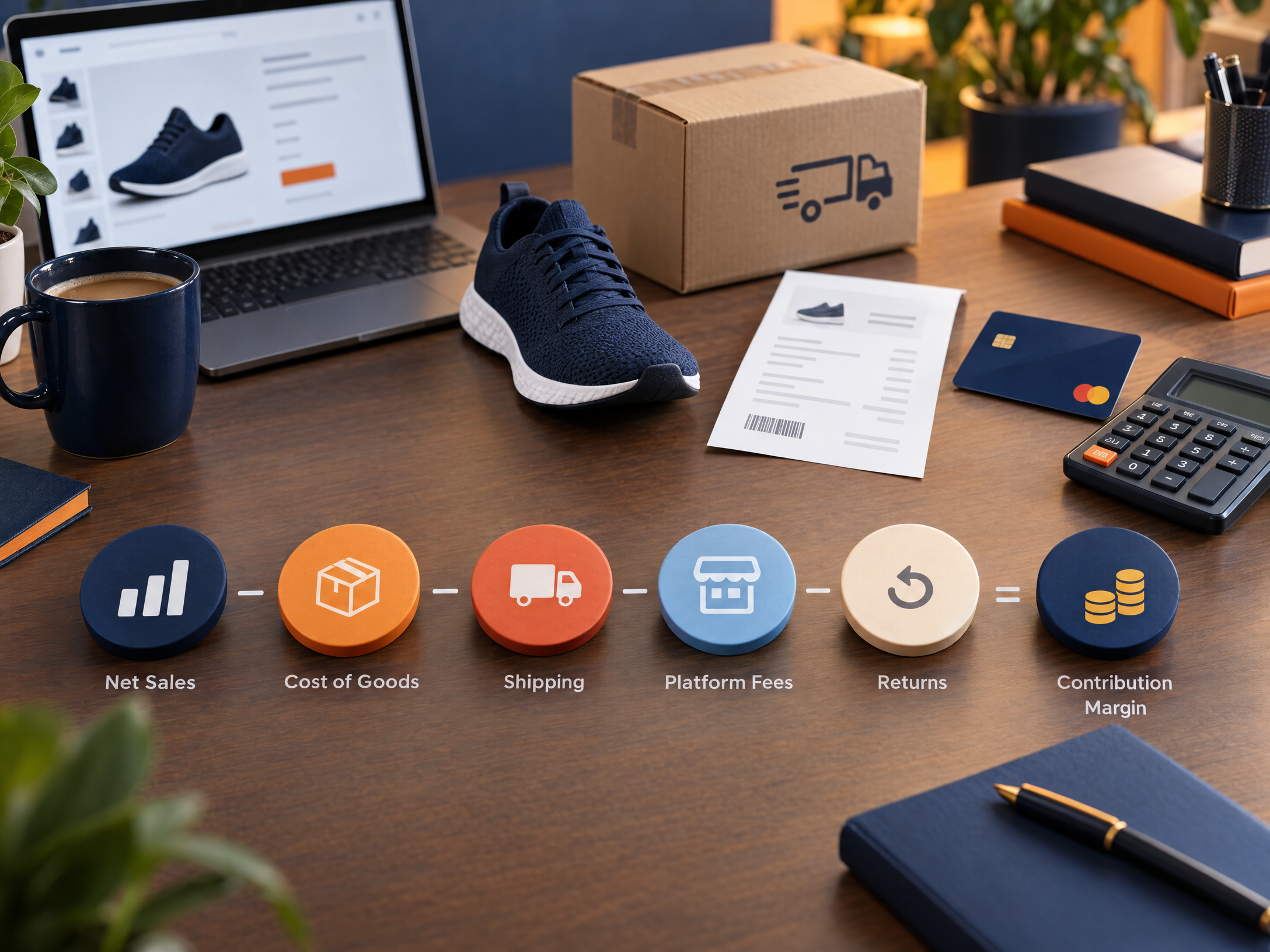 Minh họa Unit Economics ecommerce từ doanh thu thuần, giá vốn, giao hàng, phí sàn, hoàn trả đến contribution margin