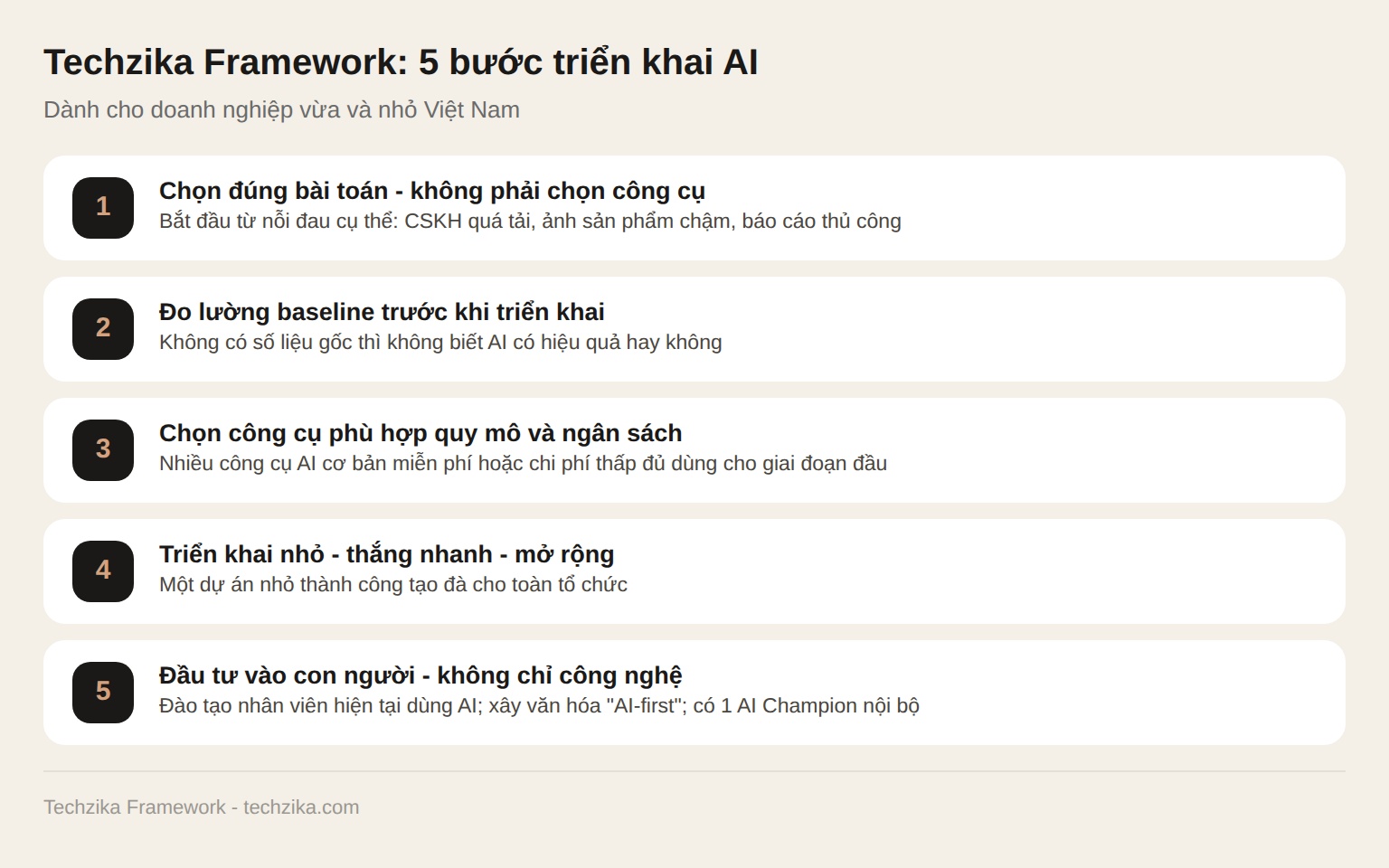 Techzika Framework 5 bước triển khai AI cho doanh nghiệp Việt Nam