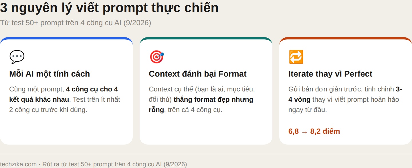 Ba nguyên lý viết prompt: test nhiều công cụ, context đánh bại format, tinh chỉnh lặp 3-4 vòng
