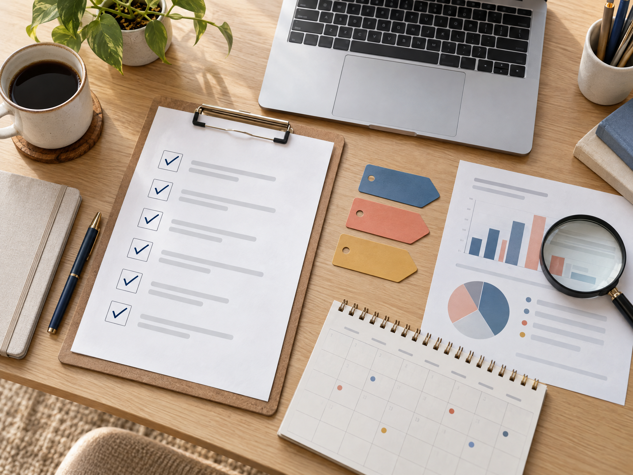 Bàn làm việc với checklist kiểm tra liên kết UTM trước khi chạy chiến dịch
