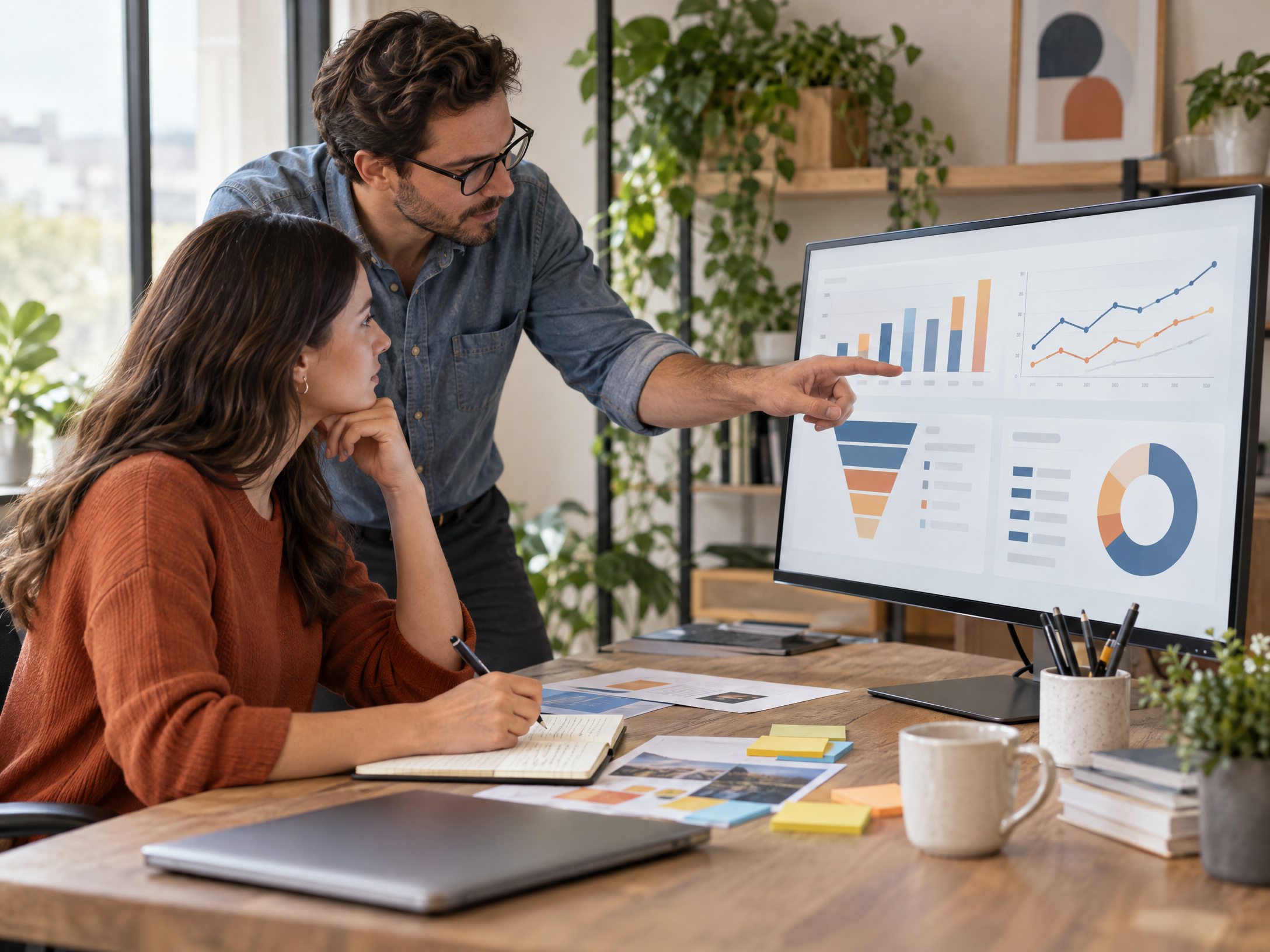 Hai marketer xem báo cáo phân tích chiến dịch và phễu chuyển đổi