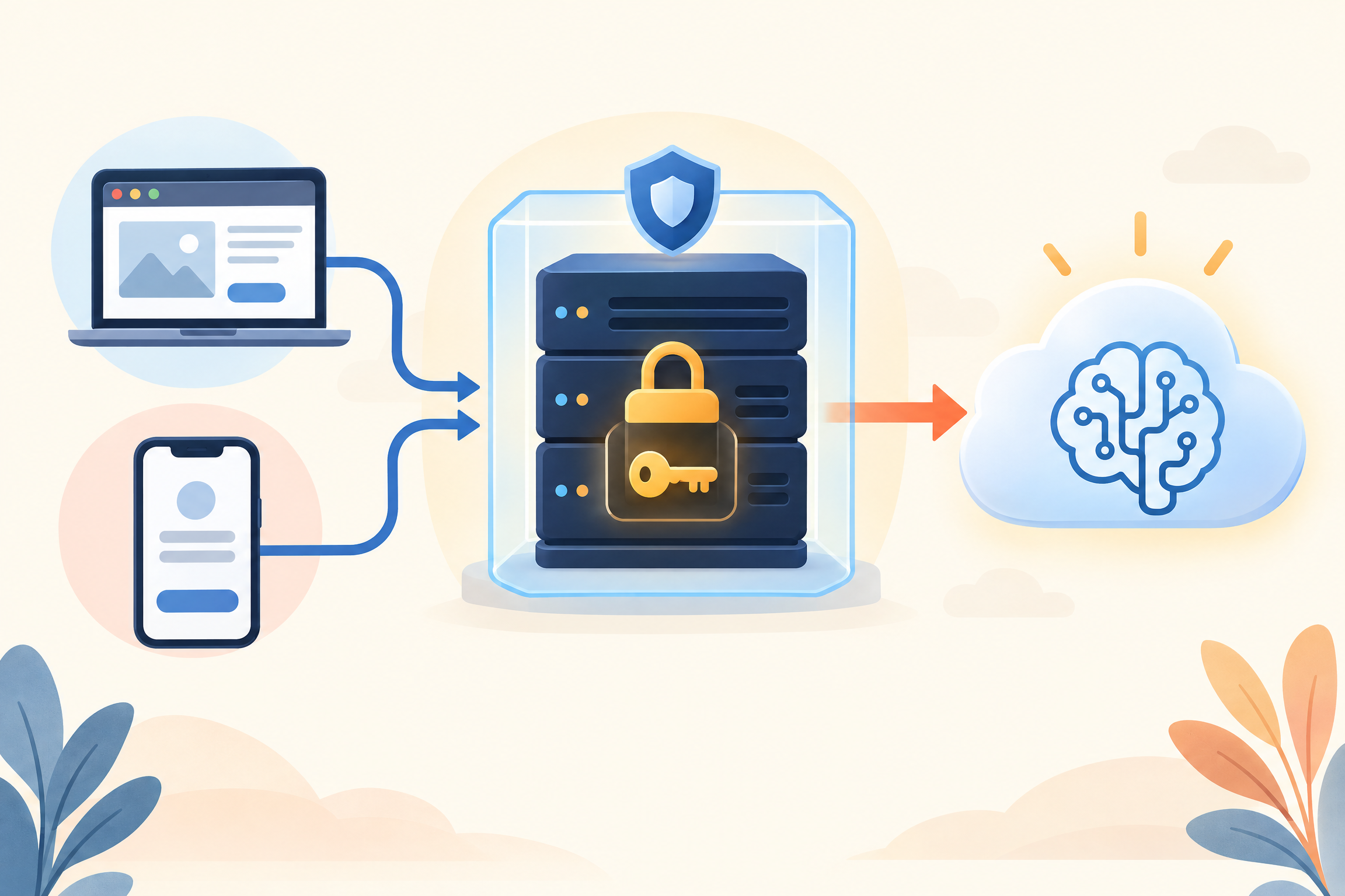 Minh họa trình duyệt gửi yêu cầu qua backend giữ API key trước khi gọi AI