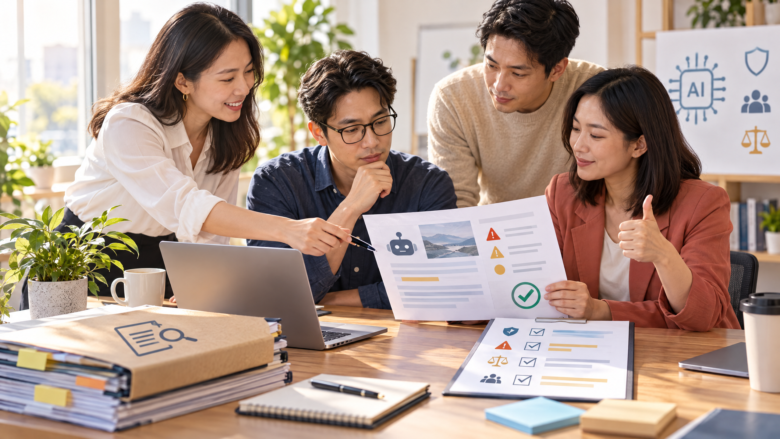 Minh họa nhóm nhân sự kiểm tra báo cáo AI bằng checklist và tài liệu nguồn
