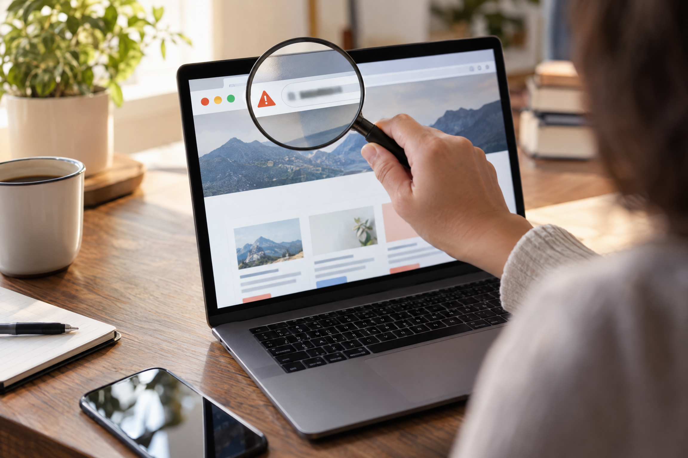 Kính lúp kiểm tra địa chỉ website trên laptop để phát hiện trang giả