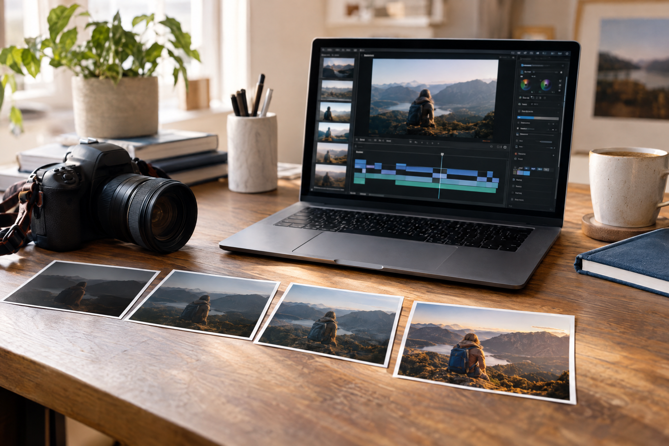 Máy ảnh, laptop và ảnh in minh họa chuỗi tạo chỉnh sửa nội dung