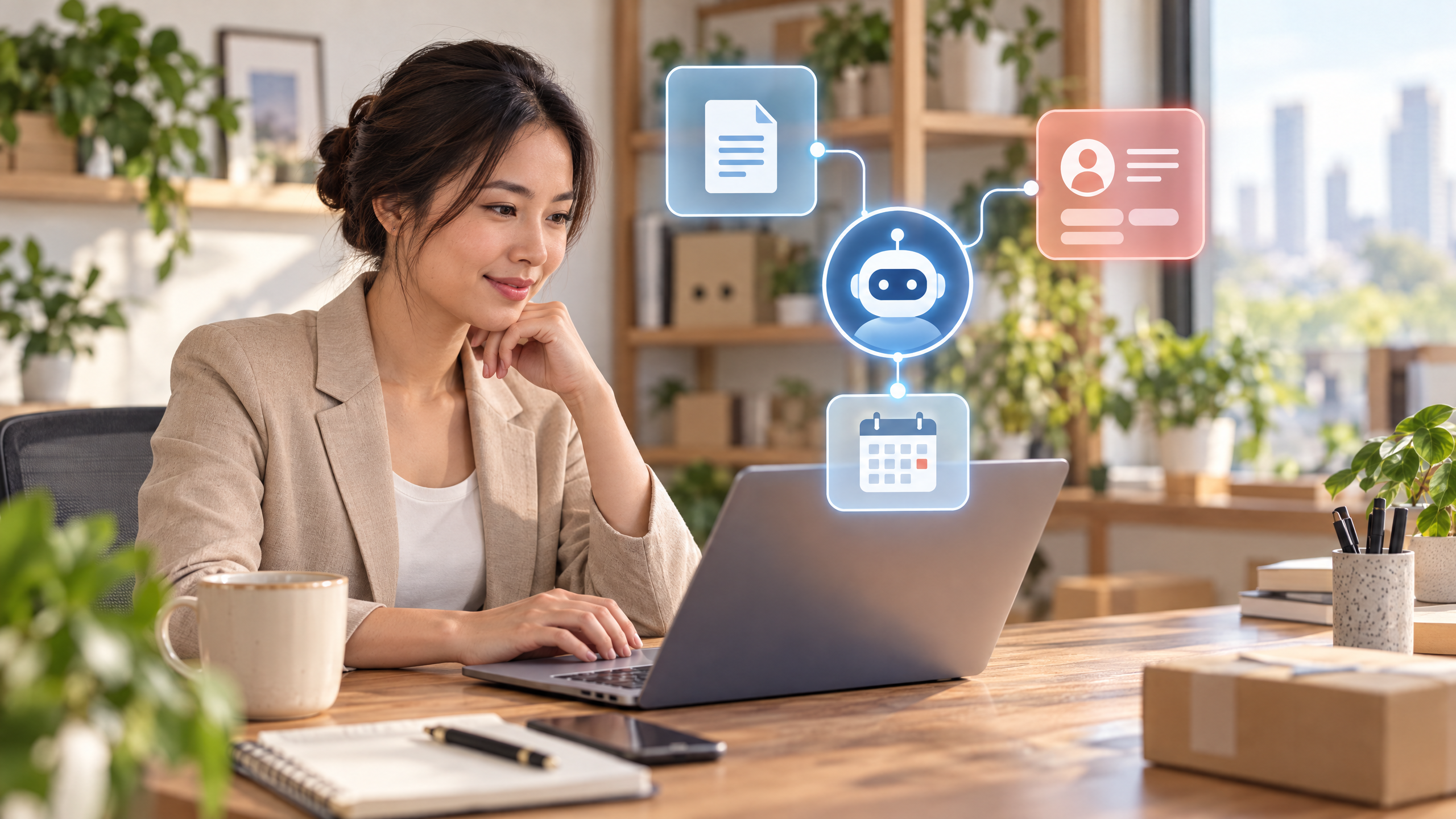Minh họa AI làm việc với tài liệu, CRM và lịch trong quy trình SME