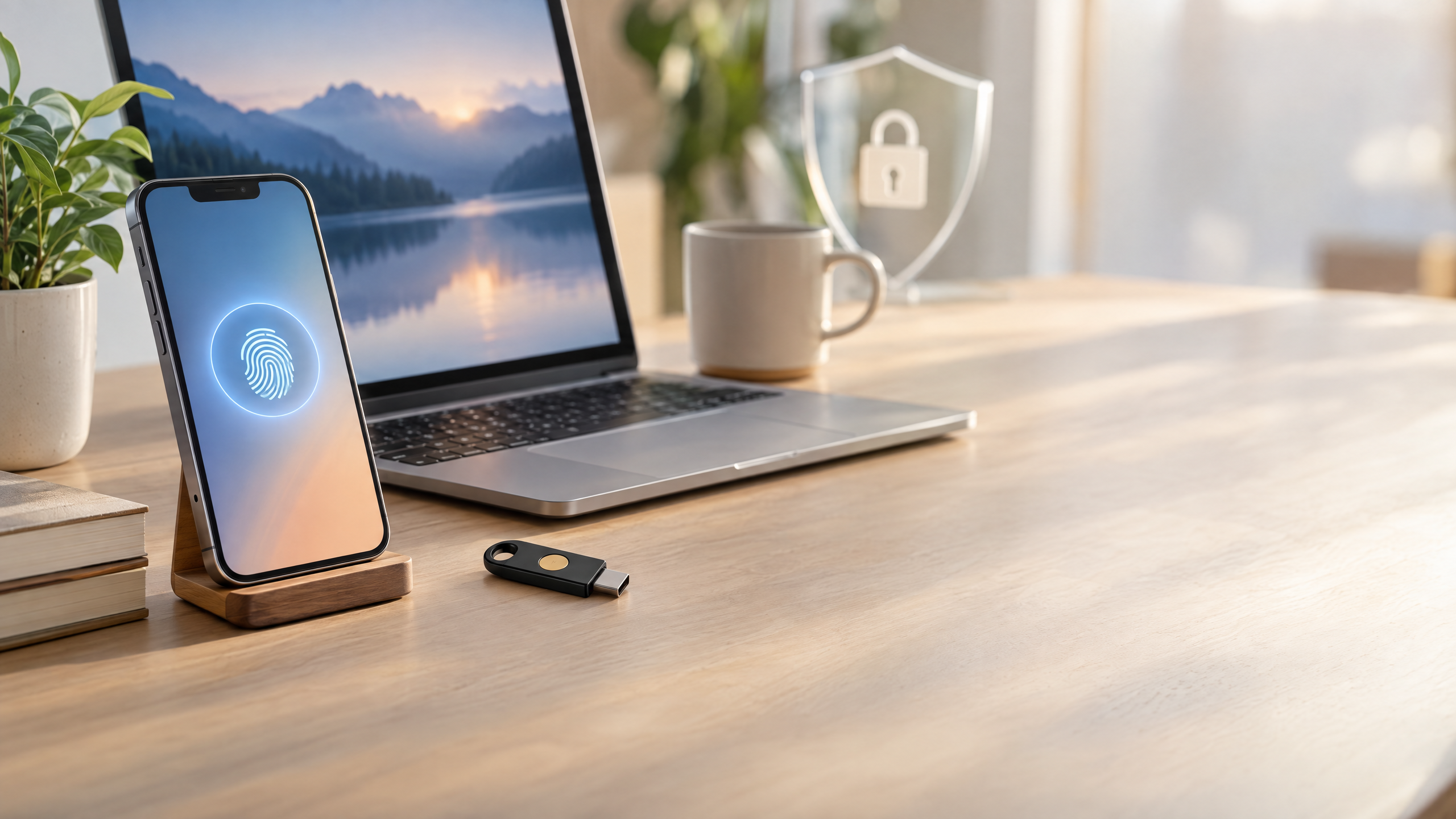 Minh họa passkey trên điện thoại và máy tính với xác thực sinh trắc học