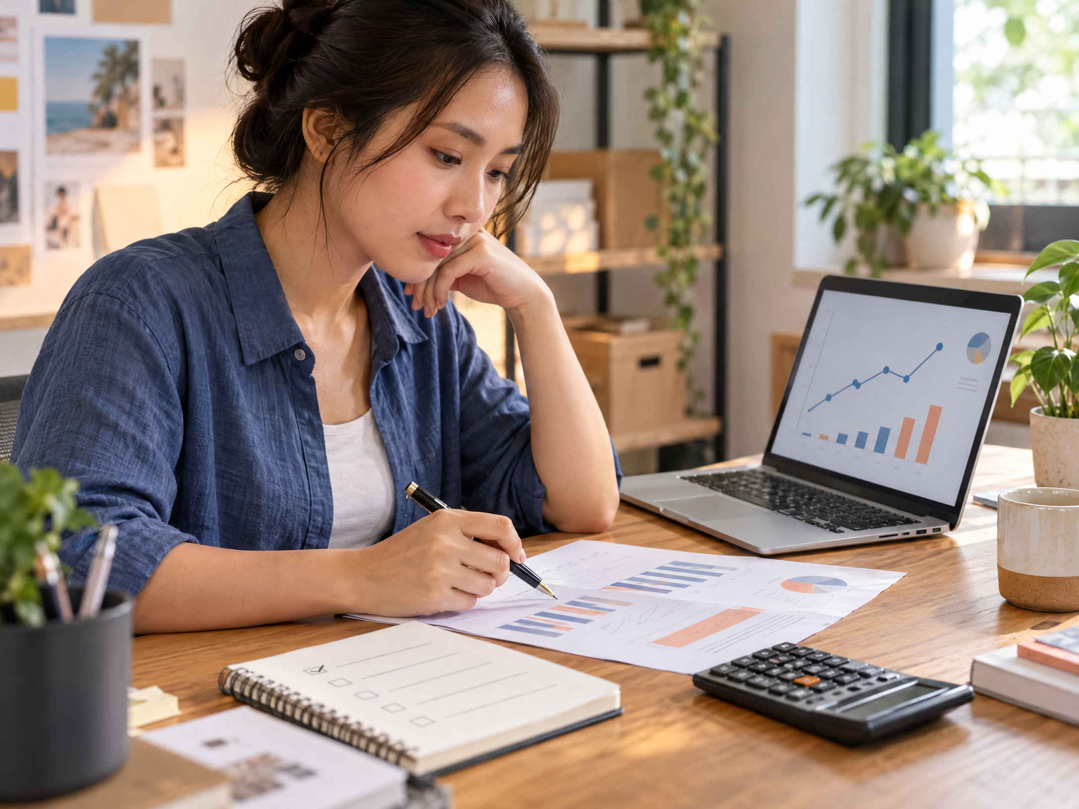 Chủ doanh nghiệp nhỏ rà soát kết quả marketing bằng biểu đồ và checklist