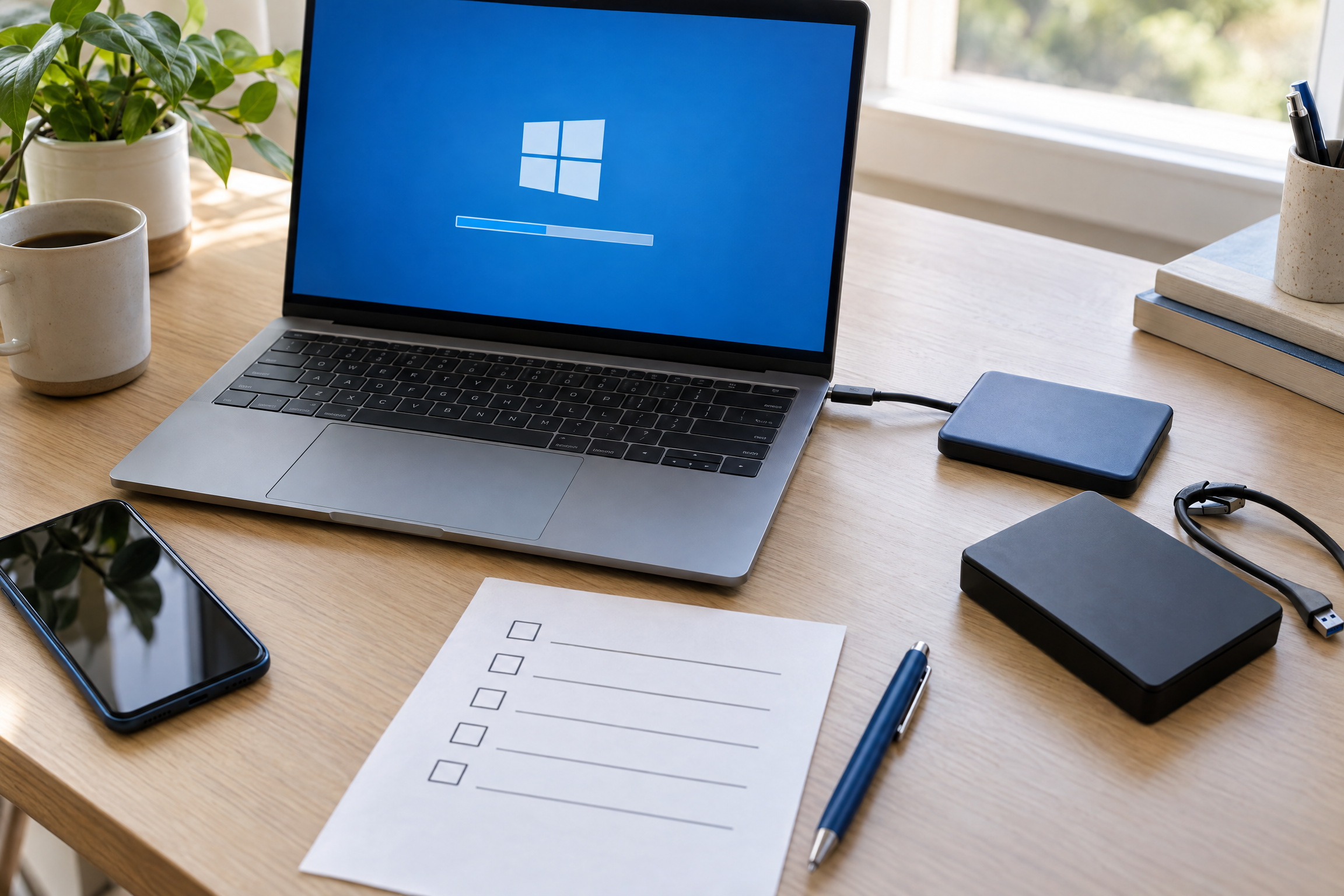 Máy tính, ổ SSD ngoài và checklist sao lưu trước khi cập nhật Windows 11 26H2