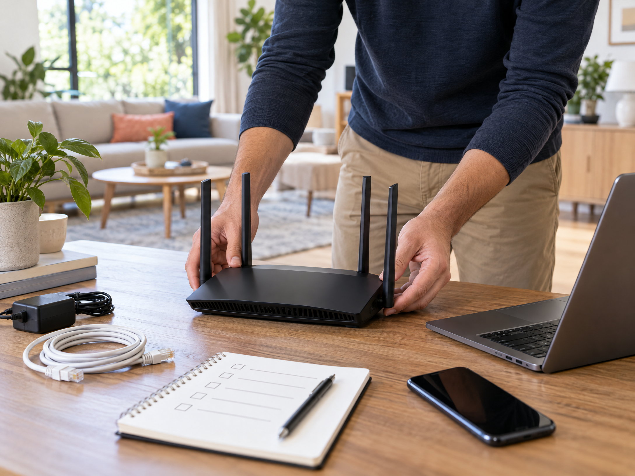 Người dùng đặt router Wi-Fi 7 trong không gian làm việc tại nhà